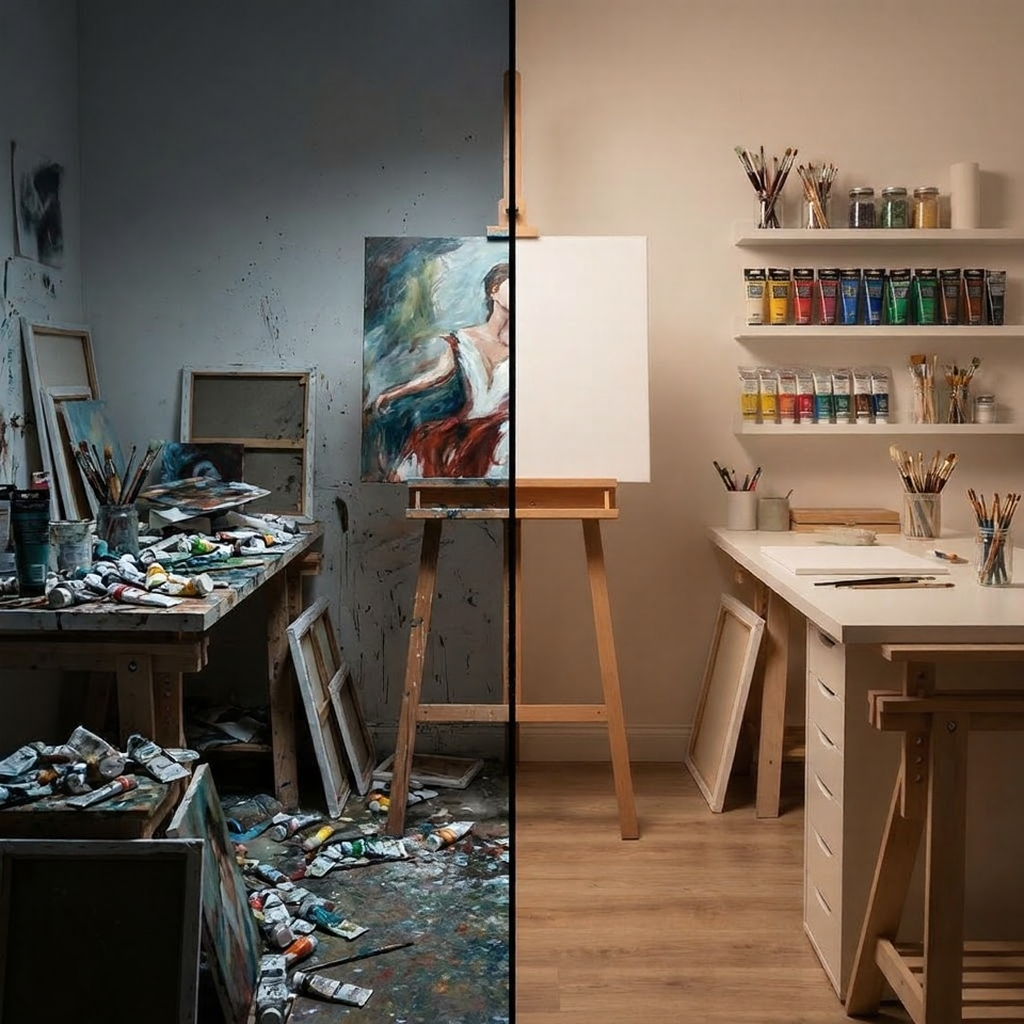 Split-image art studio: left chaotic paint-stained workspace with tubes, brushes and canvases; right clean, organized area with easel and paints.