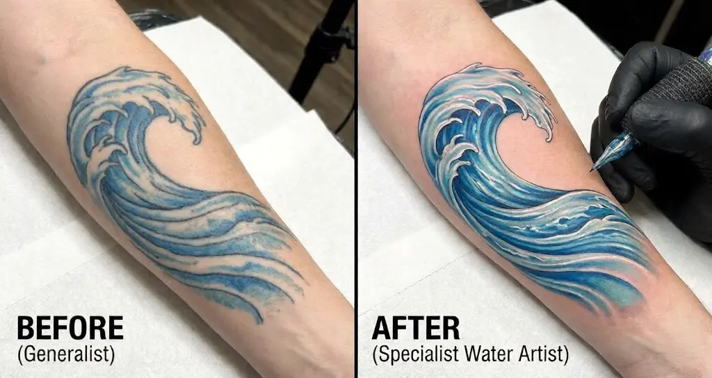 Before-and-after blue wave forearm tattoo: faded generalist version vs vibrant, detailed water-wave restoration by specialist artist.