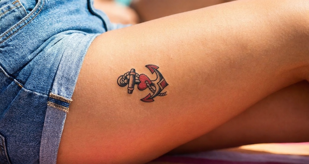 Close-up of a small anchor and heart thigh tattoo on the upper leg beside denim shorts