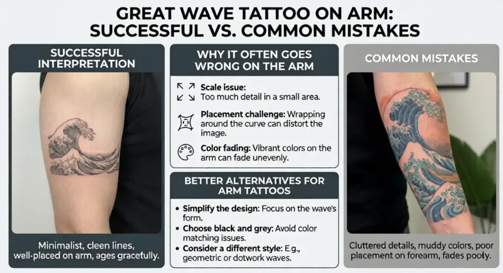 Infographic comparing Great Wave arm tattoos: left minimalist black-ink success on arm, right cluttered colorful forearm mistake, tips center.