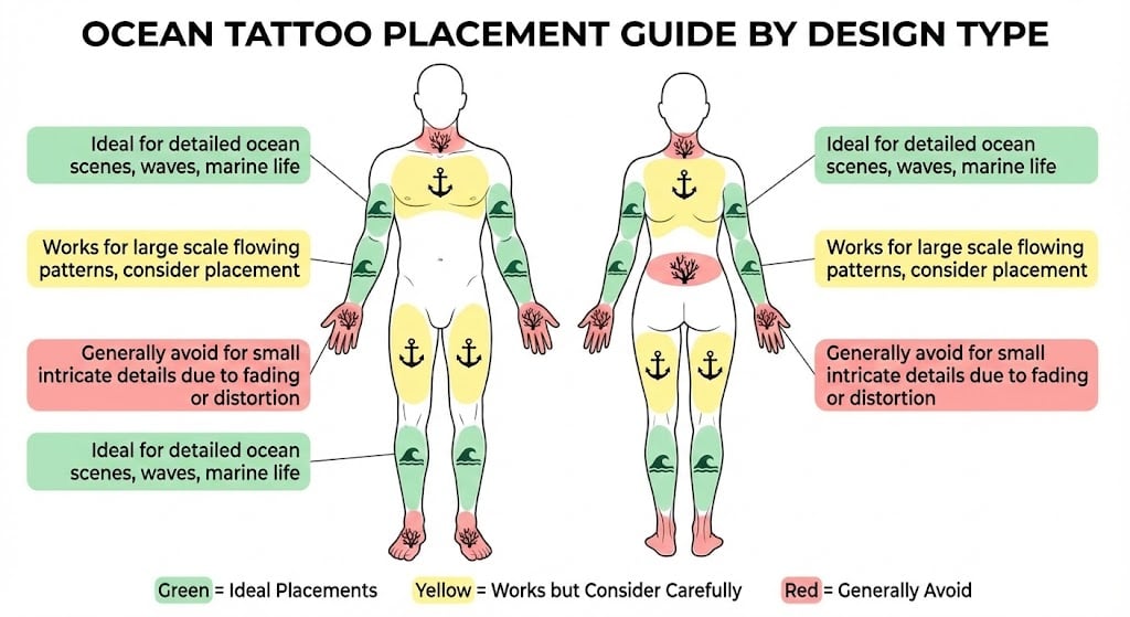 Ocean tattoo placement guide - front and back body silhouettes color-coded green/yellow/red showing ideal, cautious, and avoid areas.