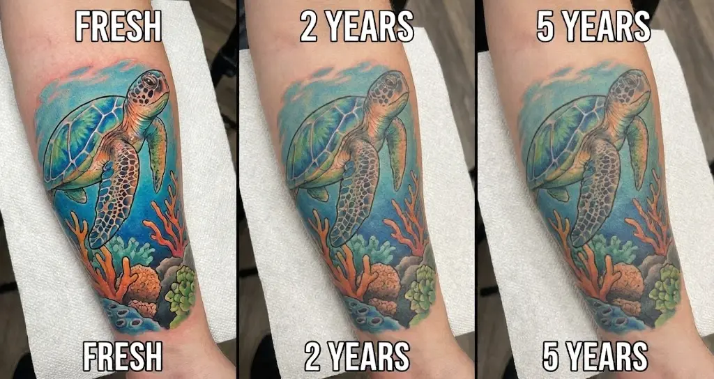 Vibrant sea turtle forearm tattoo: fresh, 2-year, and 5-year comparison showing color retention, fading, and aging over time.