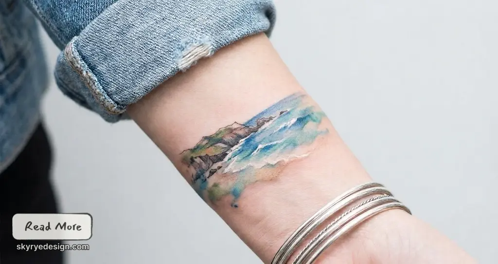 Watercolor wrist tattoo of ocean waves and rocky coastline on forearm, styled band with silver bracelets and rolled denim sleeve