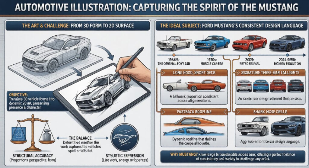 Infographic of Ford Mustang illustration, 3D-to-2D sketch workflow and key design cues: long hood, fastback roof, tri-bar taillights.