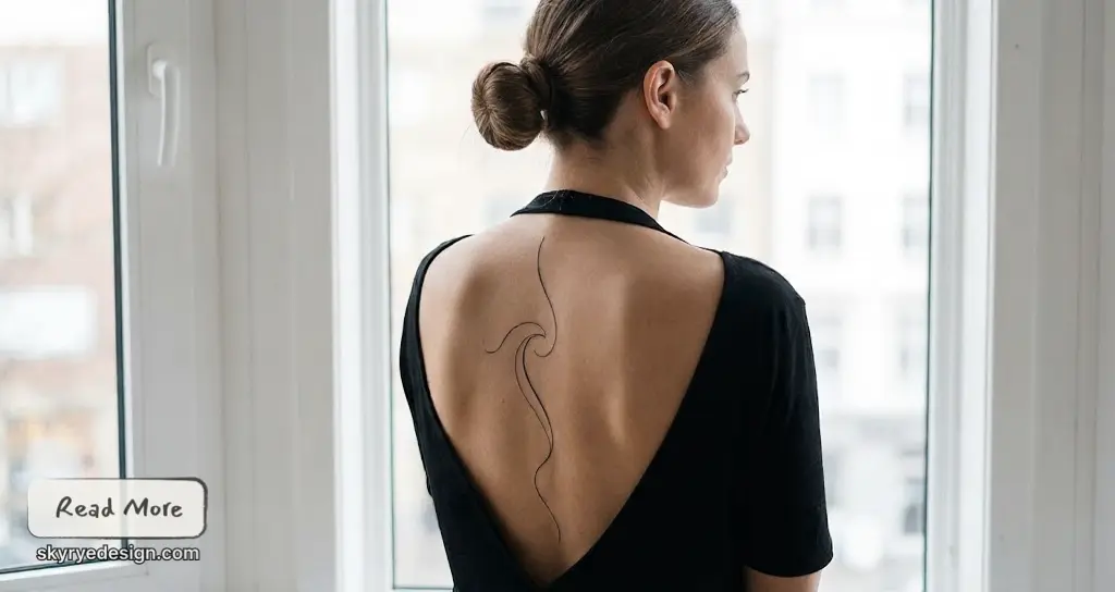 Minimalist spine tattoo on woman in black low-back dress, hair in a bun, standing by a window looking outside
