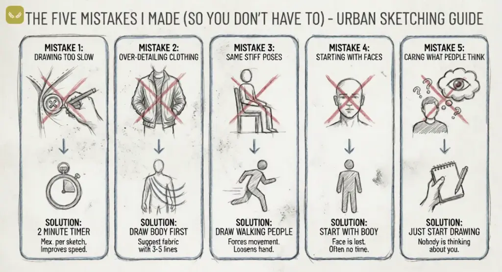 unnamed 3 1 Urban sketching mistakes and solutions guide. Mistakes: drawing slow, over-detailing, stiff poses, starting with faces, caring about opinions. | Sky Rye Design Urban sketching mistakes and solutions guide. Mistakes: drawing slow, over-detailing, stiff poses, starting with faces, caring about opinions.