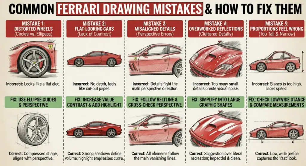 Ferrari drawing mistakes infographic: distorted wheels, flat cars, misaligned details, overworked reflections, poor proportions plus fixes