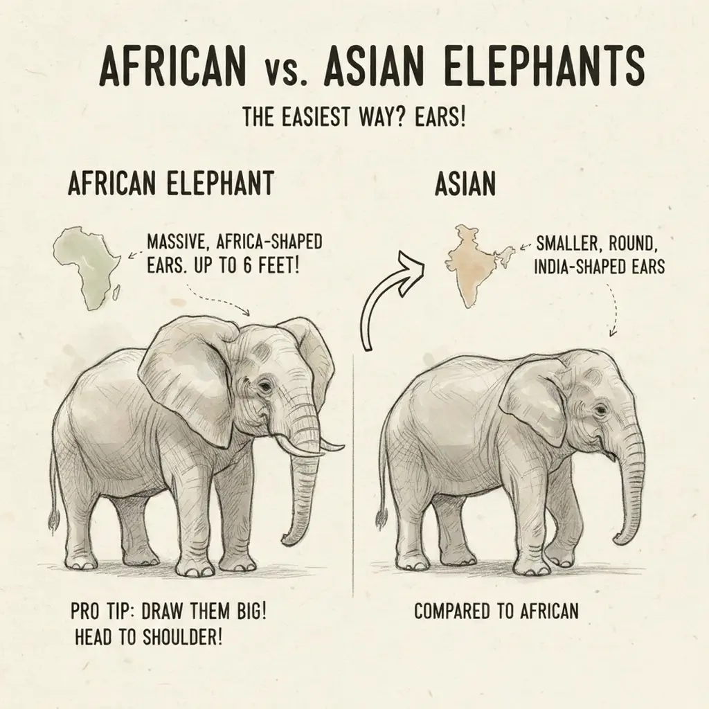 unnamed 4 Infographic: African vs Asian elephants showing ear differences—huge Africa-shaped ears up to 6 ft vs smaller India-shaped ears. | Sky Rye Design Infographic: African vs Asian elephants showing ear differences—huge Africa-shaped ears up to 6 ft vs smaller India-shaped ears.