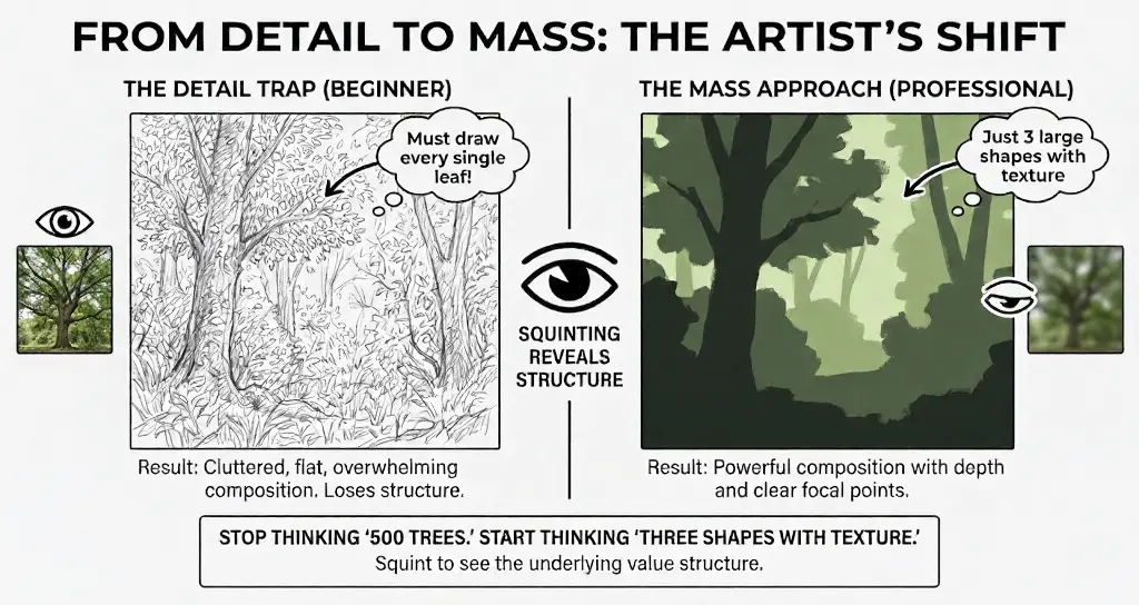 Infographic showing artist's shift: left a cluttered detailed forest sketch (detail trap), right simplified mass shapes for depth; 'squint' tip.