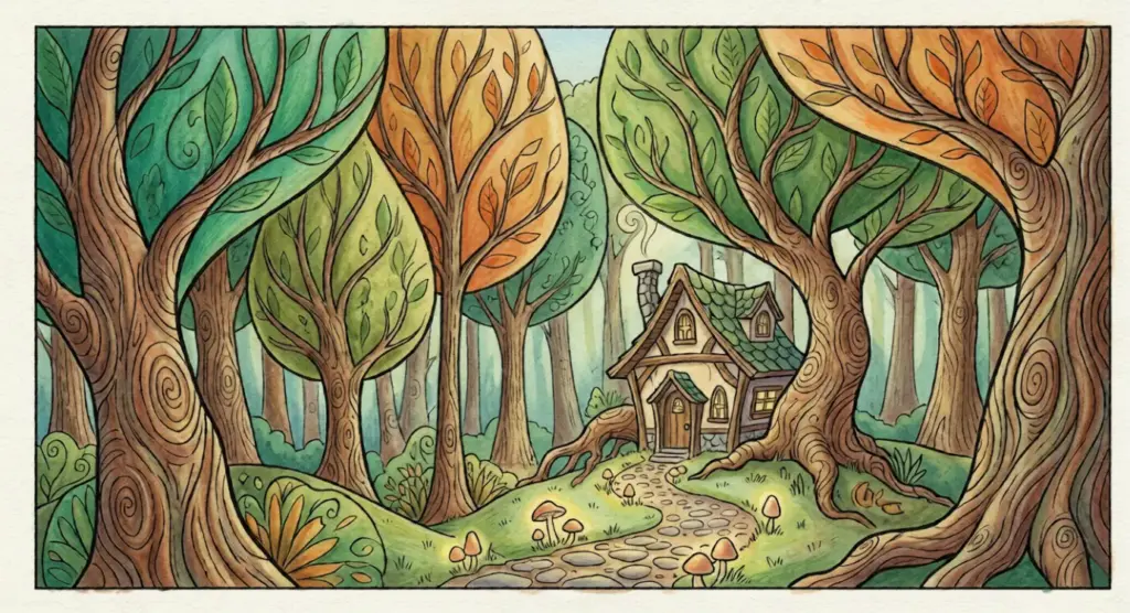 Enchanted forest watercolor illustration of a fairy-tale cottage on a stone path, surrounded by colorful swirling trees and mushrooms.