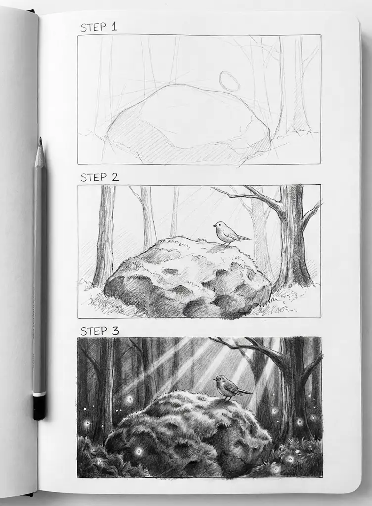 Sketchbook step-by-step pencil drawing: bird on a mossy rock in a forest, evolving from rough sketch to detailed shaded scene with sunbeams.