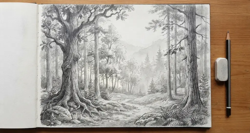 Black-and-white pencil drawing of a forest landscape in a sketchbook, showing large trees, winding path, and a pencil with eraser.