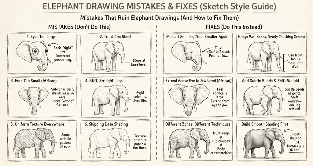 unnamed 6 Elephant drawing mistakes & fixes sketch-style guide: numbered examples showing eyes, trunk, ears, legs, texture and shading corrections. | Sky Rye Design Elephant drawing mistakes & fixes sketch-style guide: numbered examples showing eyes, trunk, ears, legs, texture and shading corrections.