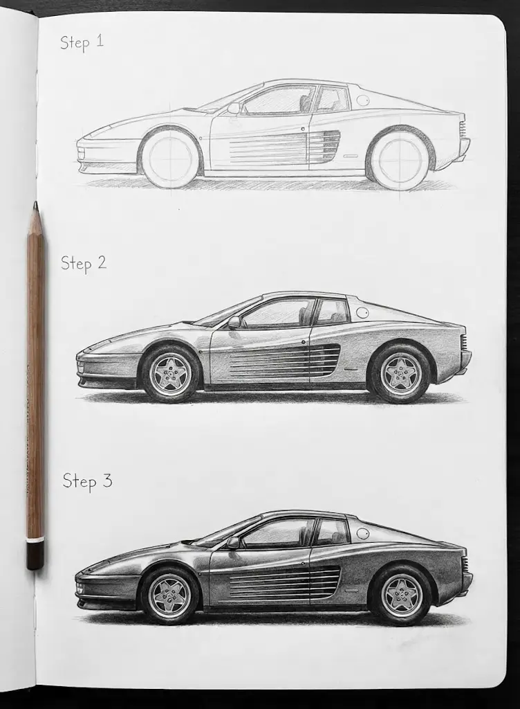 Step-by-step pencil drawing tutorial showing a classic sports car side profile in three stages on a sketchbook, pencil at left.