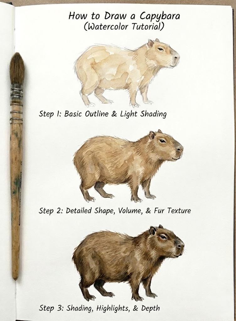 Watercolor capybara tutorial: three step-by-step paintings (outline, fur texture, final shading) shown beside a paintbrush.
