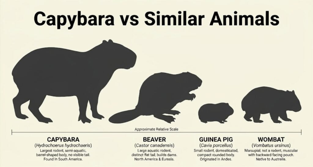 Infographic silhouettes showing size comparison: capybara, beaver, guinea pig, and wombat with species names and brief descriptions.