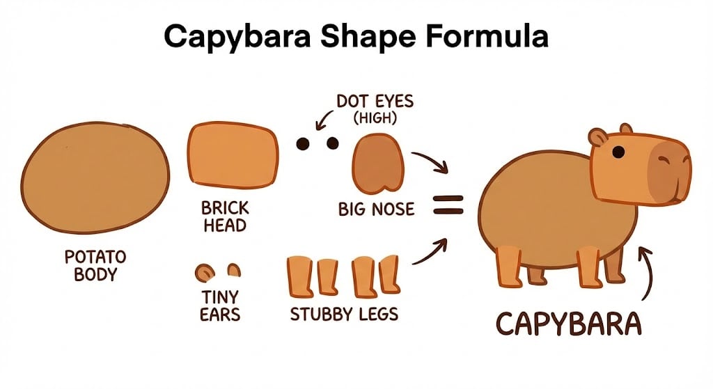 Cartoon capybara drawing formula: potato body, brick head, dot eyes, big nose, tiny ears, stubby legs and final cute capybara illustration.