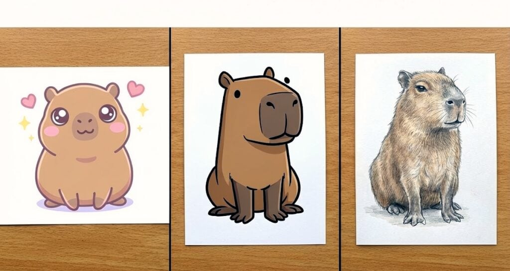 Capybara art prints on wood: kawaii chibi with hearts, bold cartoon capybara, and detailed realistic pencil drawing — capybara illustration styles