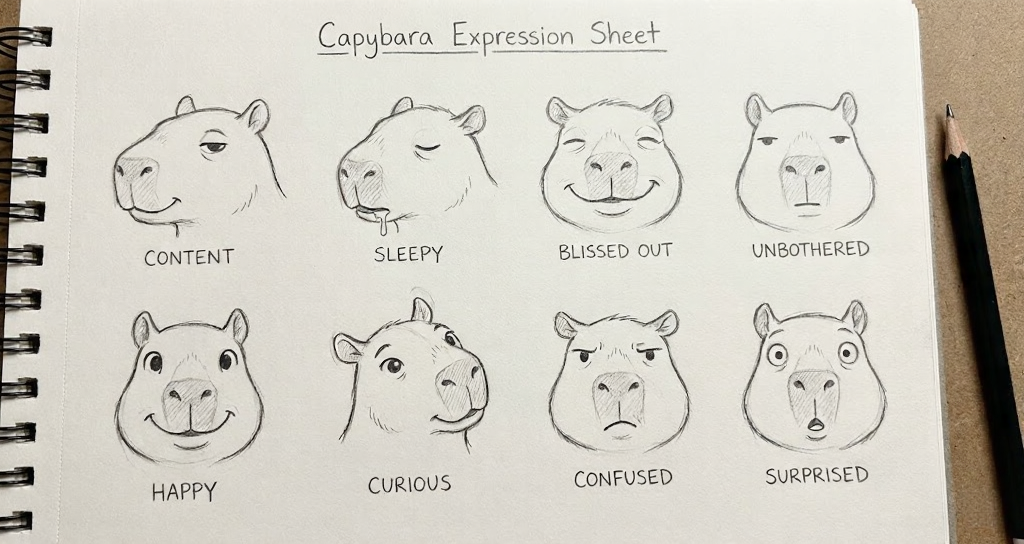 Pencil capybara expression sheet with nine hand-drawn faces labeled content, sleepy, blissed out, unbothered, happy, curious, confused, surprised