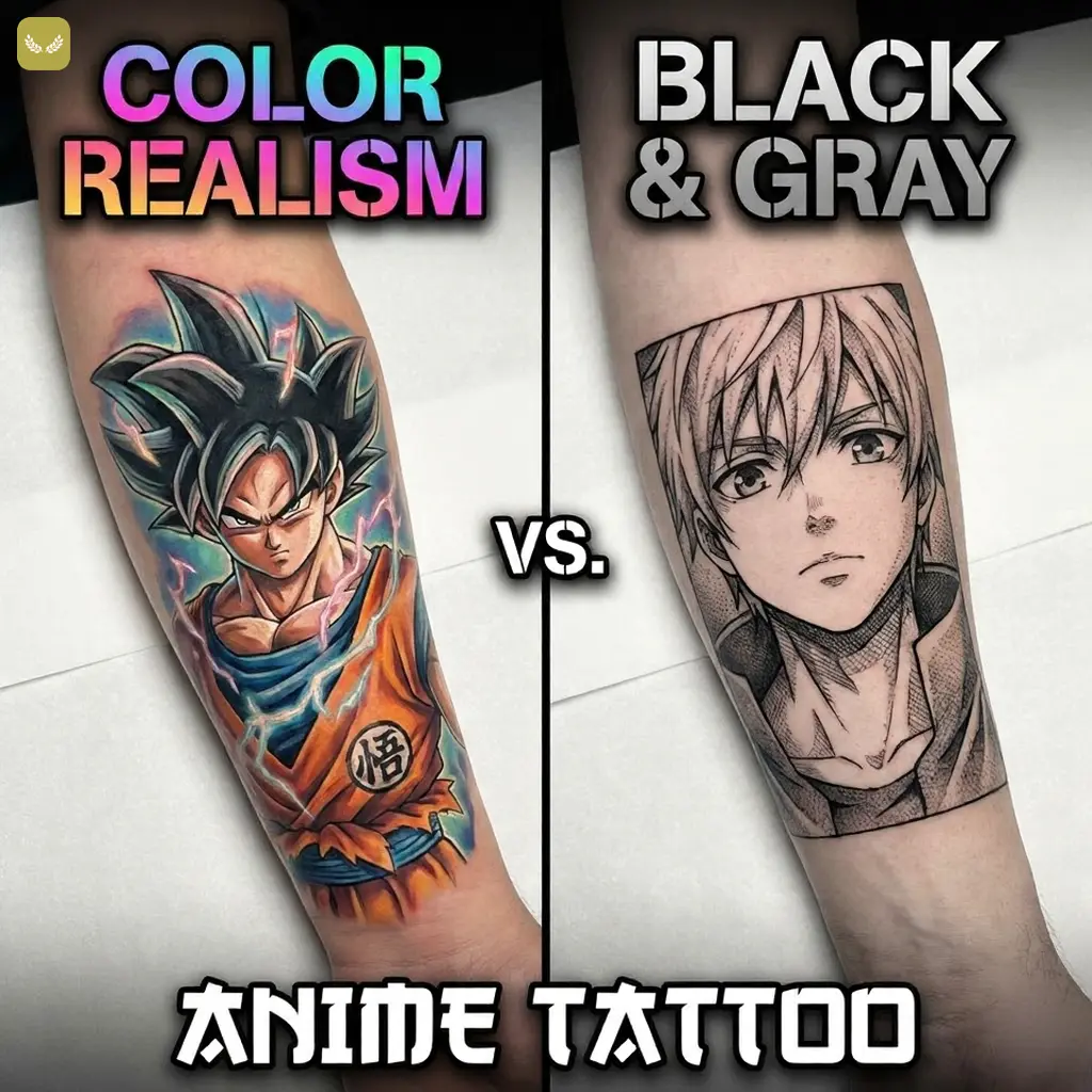 unnamed 91 Side-by-side forearm anime tattoos: vibrant color realism Goku versus black & gray manga-style portrait, showcasing contrasting tattoo styles | Sky Rye Design Side-by-side forearm anime tattoos: vibrant color realism Goku versus black & gray manga-style portrait, showcasing contrasting tattoo styles