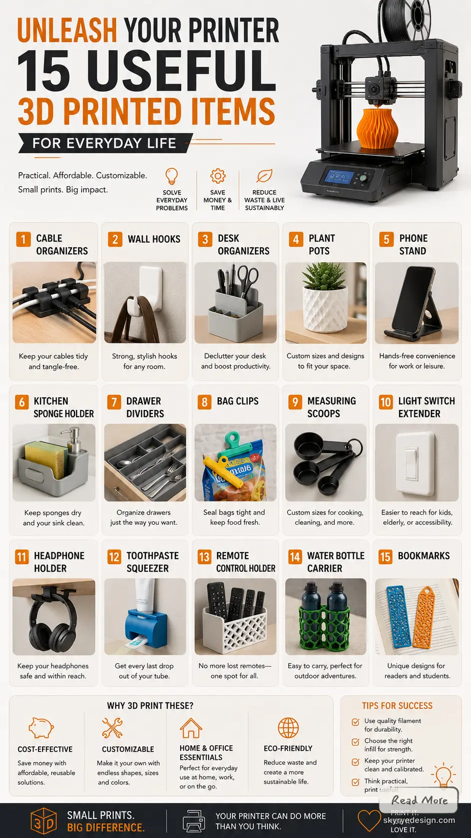 Infographic: 15 useful 3D-printed items for everyday life — cable organizers, phone stand, desk organizers
