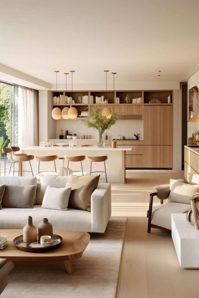 Modern open-plan living room and kitchen in neutral tones with wood accents, island bar seating, pendant lights and large sunlit window