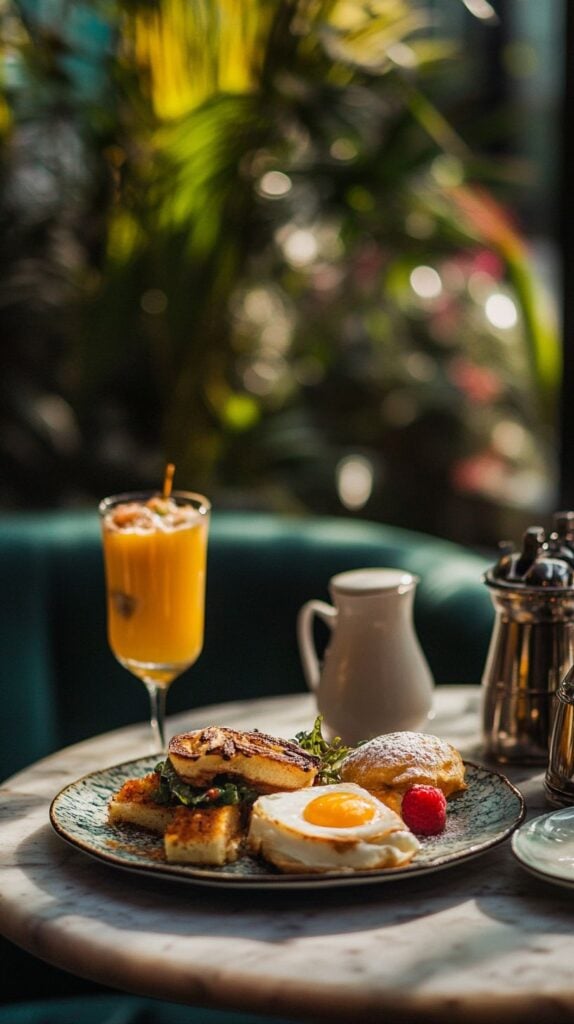 Brunch plate with sunny-side-up egg, toasted bread, powdered-sugar pastry, fresh raspberry and glass of orange juice in a cozy cafe.