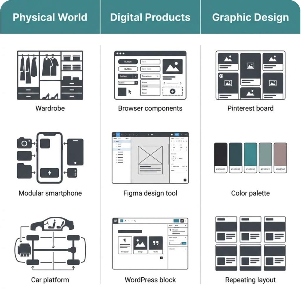Infographic: Physical World, Digital Products, Graphic Design with icons like wardrobe, browser UI, Pinterest board.