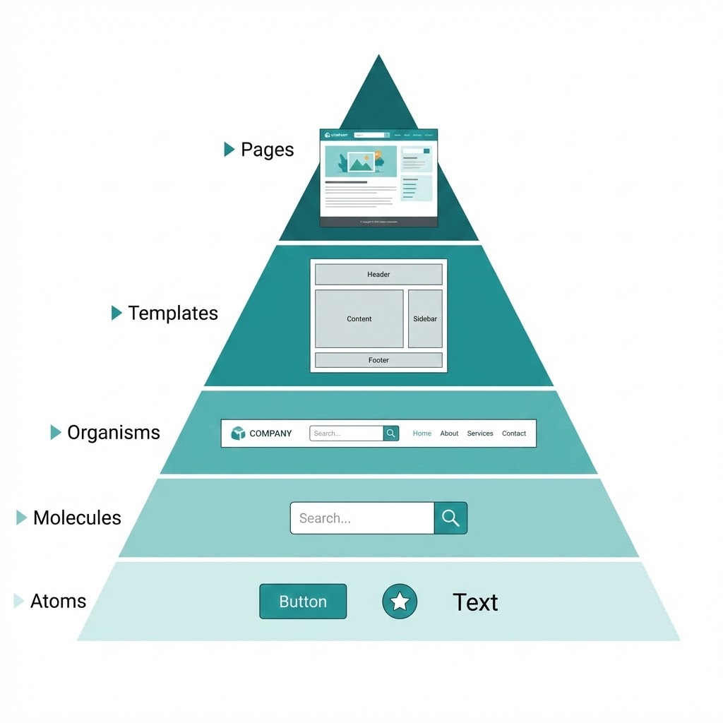 Atomic design pyramid showing UI hierarchy: Atoms, Molecules, Organisms, Templates, Pages with sample teal interface elements