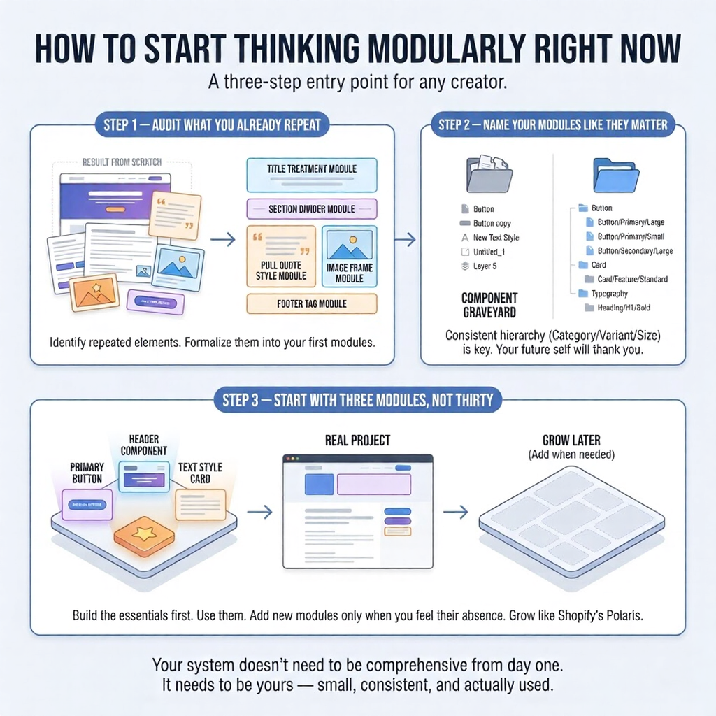 Infographic: How to Start Thinking Modularly three-step guide - audit repeats, name modules, start with three