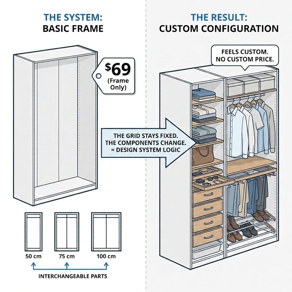 Modular wardrobe system:  frame with 50/75/100cm sizes and customizable shelves, drawers, hanging space