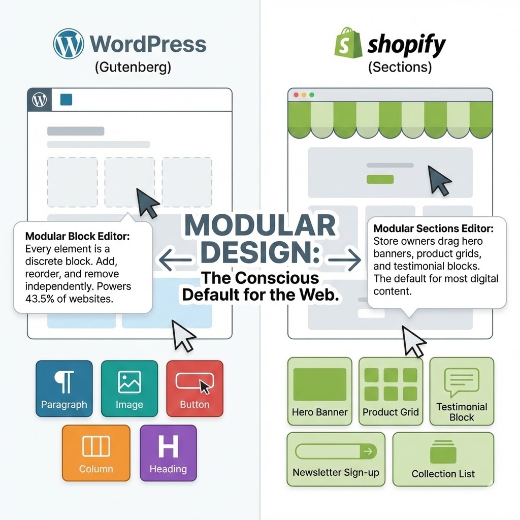 Infographic comparing WordPress (Gutenberg) modular block editor vs Shopify Sections editor for modular web design