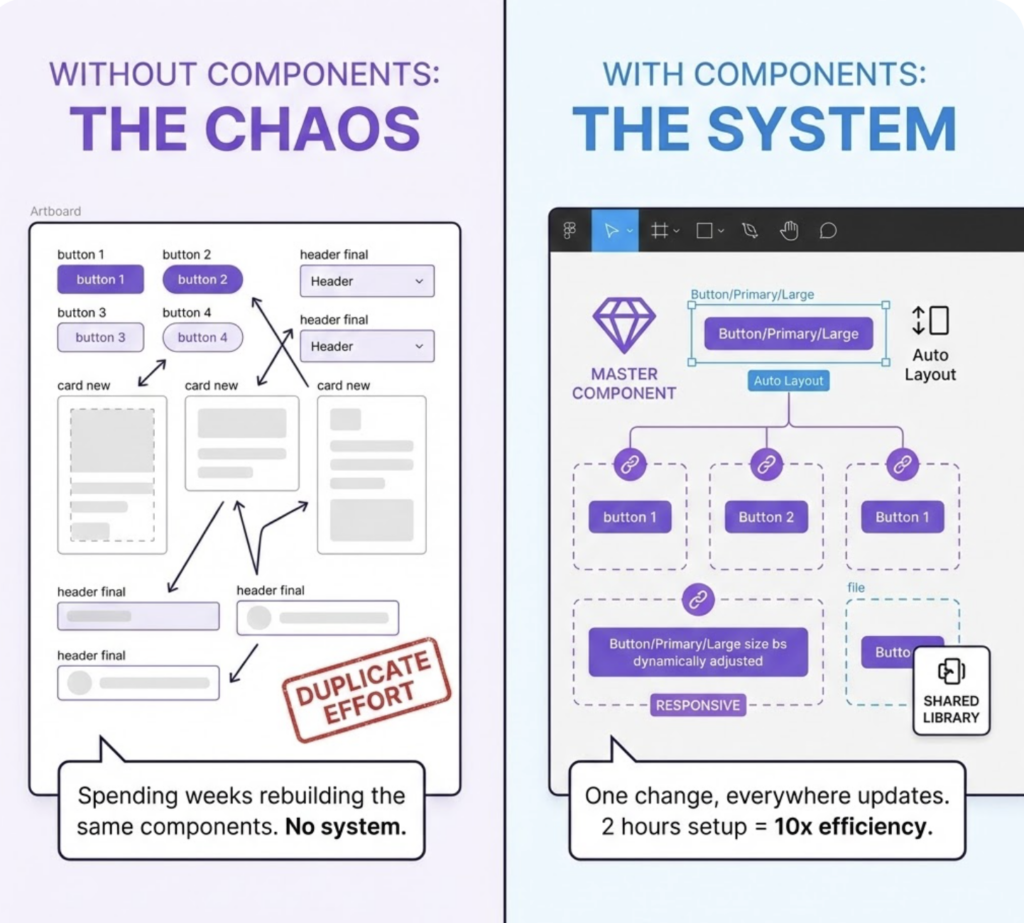 Split comparison: left THE CHAOS shows duplicated UI components and wasted effort; right THE SYSTEM shows organized design system with master components and auto-layout.