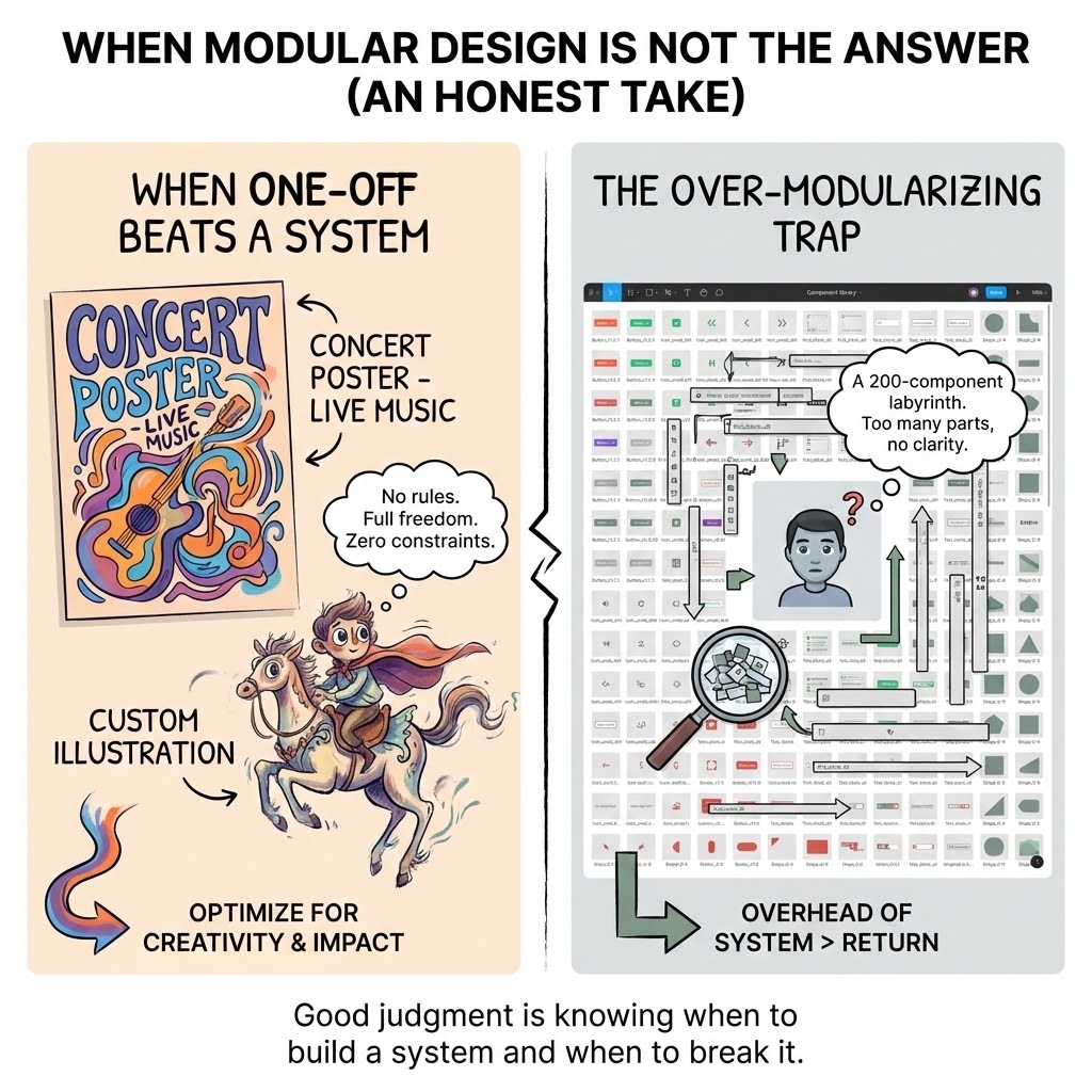 Split image: left custom concert poster (one-off design); right cluttered component library showing the over-modularizing trap.