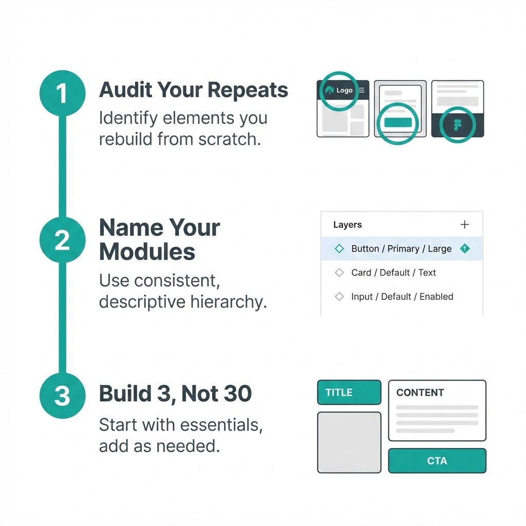 Infographic: 3-step UI design system—1 Audit repeats, 2 Name modules with consistent hierarchy, 3 Build 3 not 30 (start essentials). modular design system