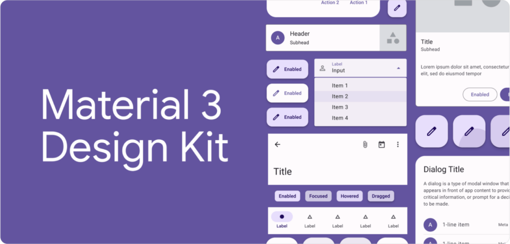 Purple Material Design 3 UI kit screenshot showing UI components, buttons, cards and Material 3 Design Kit headline