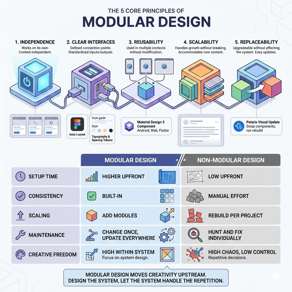 Infographic: 5 core principles of modular design with icons and a modular vs non-modular comparison table