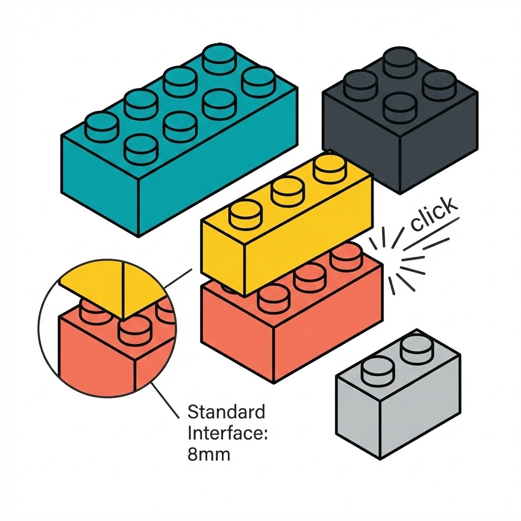 Colorful interlocking building bricks stacked, highlighting 8mm standard interface and click-fit connection