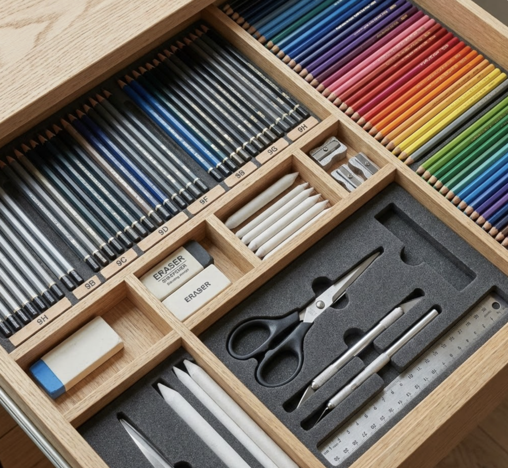 Organized artist kit in wooden drawer: graphite pencils labeled 9H–9B, colored pencils, erasers, sharpeners, blending stumps, scissors, ruler.