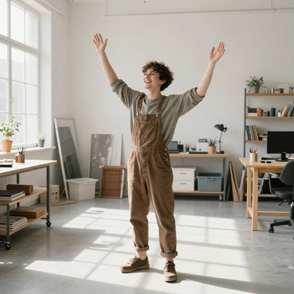 Young creative in brown overalls celebrates with arms raised in sunlit studio workspace with desks and plants