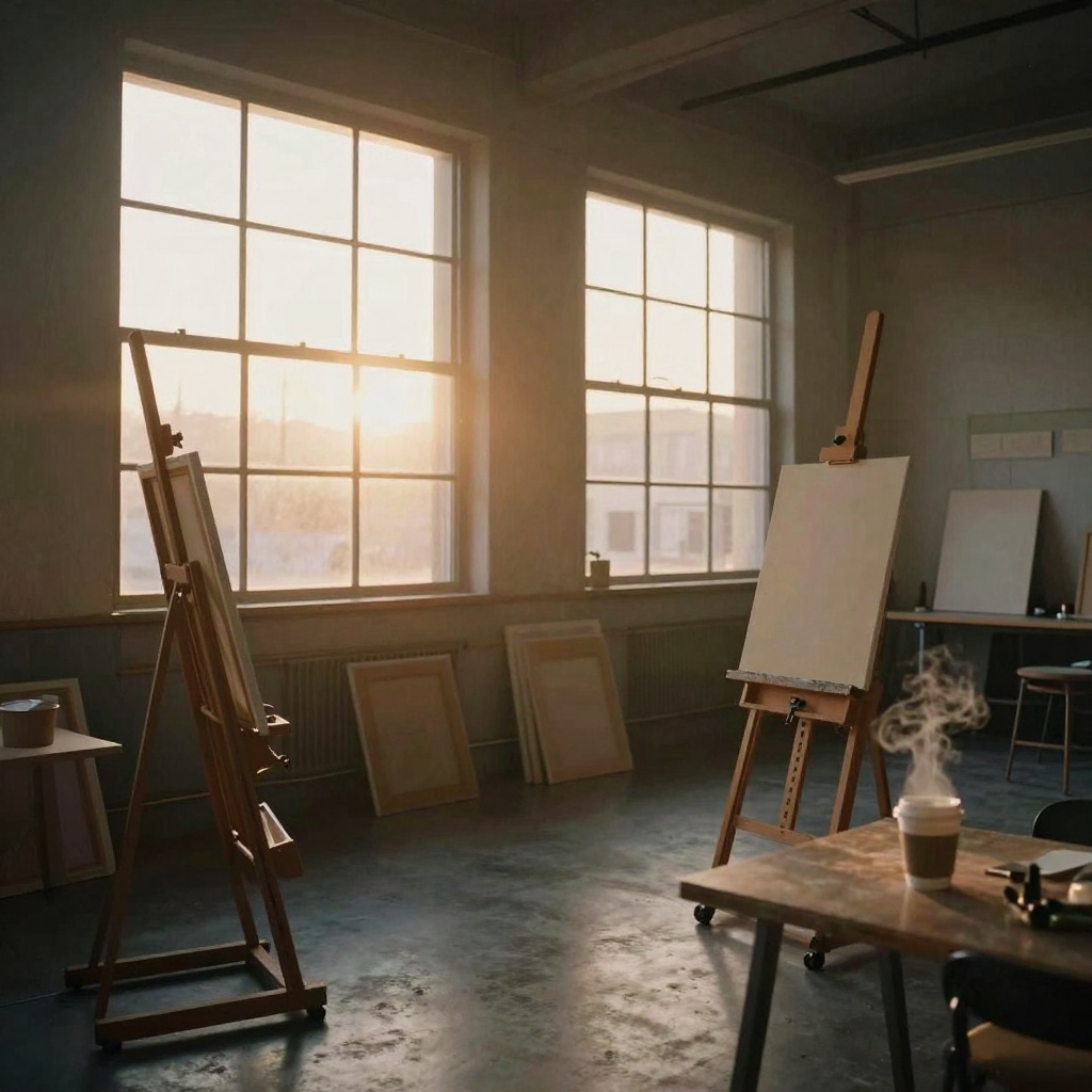 Sunlit artist studio loft with wooden easels, blank canvases, large windows and a steaming coffee cup on a worktable