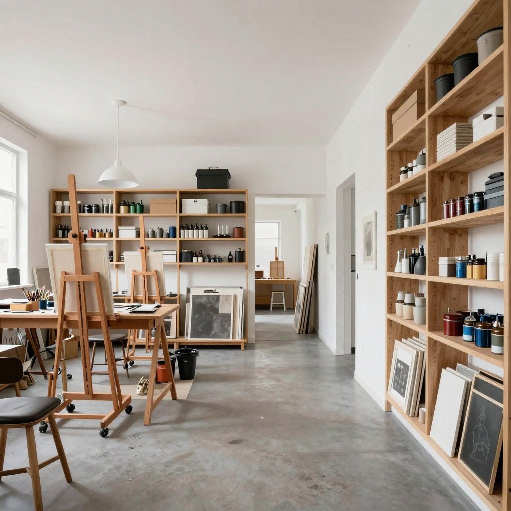 Artist studio: bright modern workspace with wooden easels, canvases, shelves of paint jars and supplies, large windows and concrete floor.