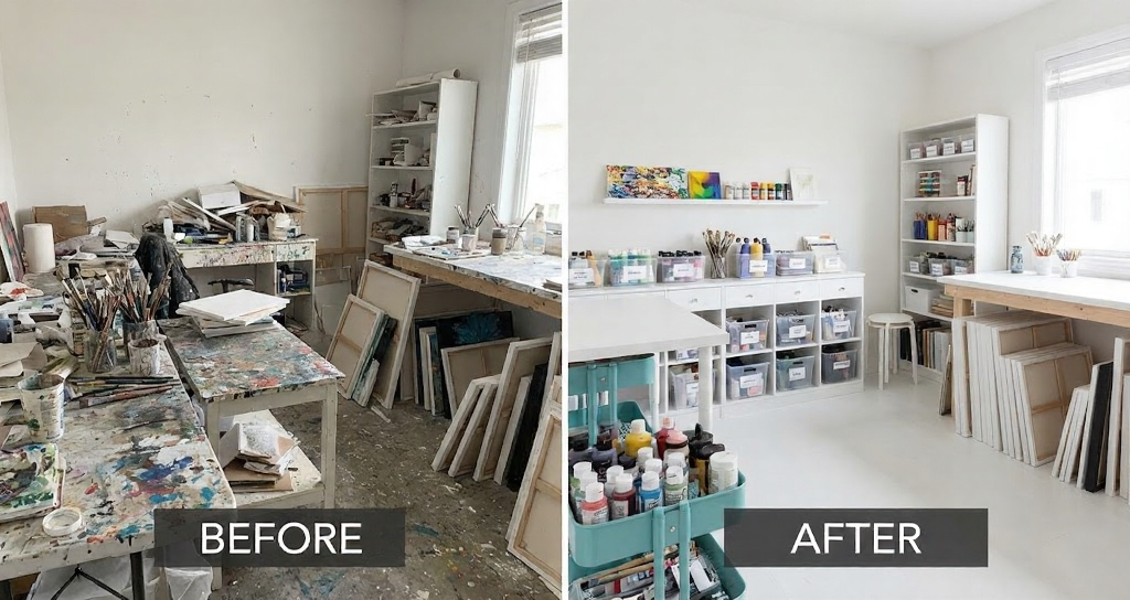 Before/after art studio makeover: messy, paint-splattered space transformed into bright, tidy studio with organized paint and canvas storage.