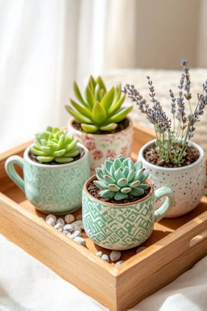Plant Gifting 1 Potted succulents and lavender in decorative ceramic mugs on a wooden tray, indoor tabletop plant decor | Sky Rye Design Potted succulents and lavender in decorative ceramic mugs on a wooden tray, indoor tabletop plant decor