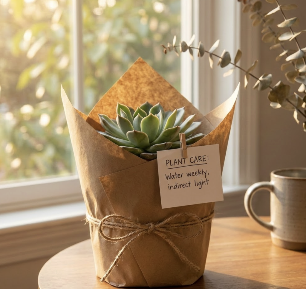 Screenshot 2026-02-23 at 023433 Sunlit succulent gift wrapped in kraft paper with care tag and twine on a wooden table by a window | Sky Rye Design Sunlit succulent gift wrapped in kraft paper with care tag and twine on a wooden table by a window