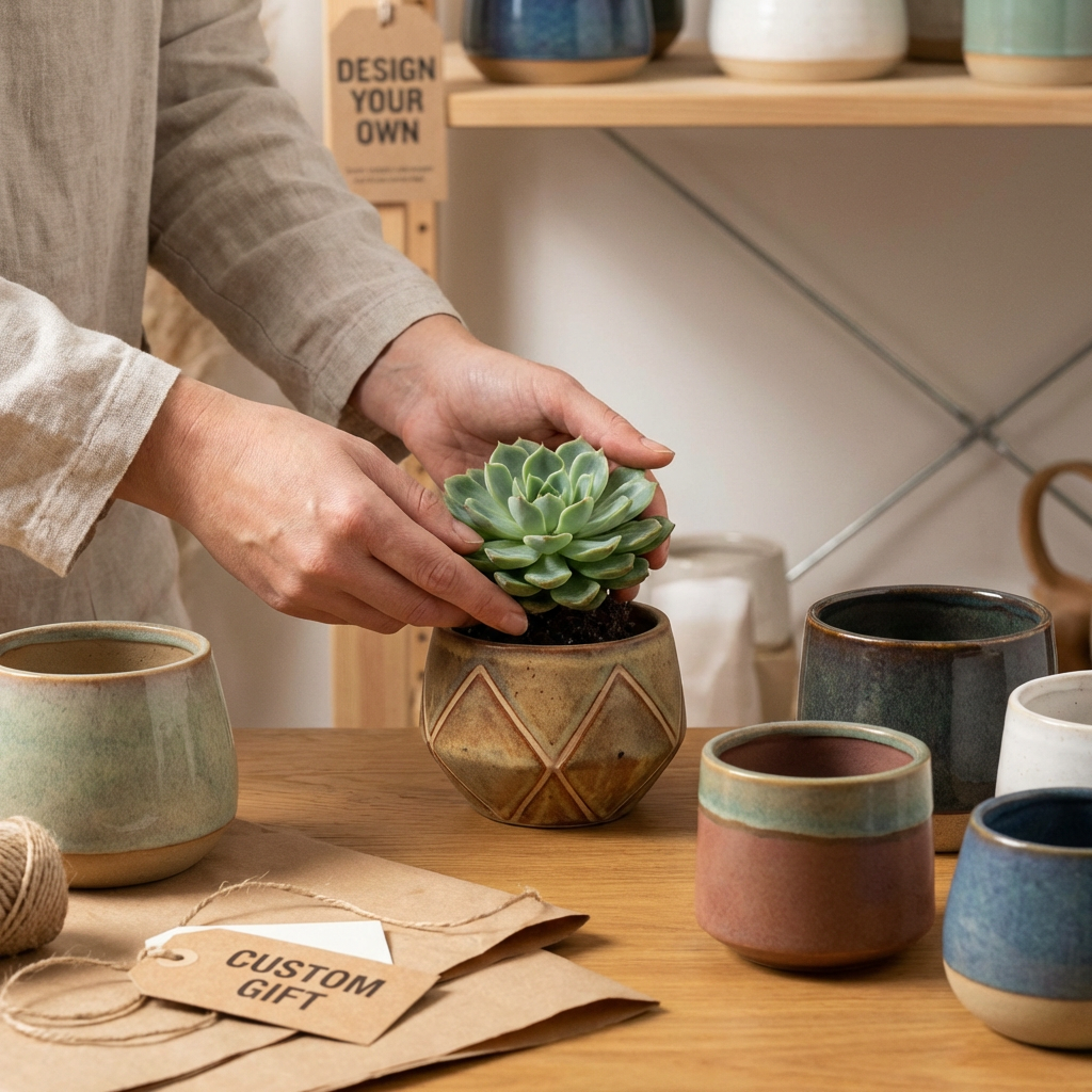 compare plants1 Hands placing a green succulent into a geometric ceramic pot on a wooden table among handmade pottery and custom gift tags | Sky Rye Design Hands placing a green succulent into a geometric ceramic pot on a wooden table among handmade pottery and custom gift tags