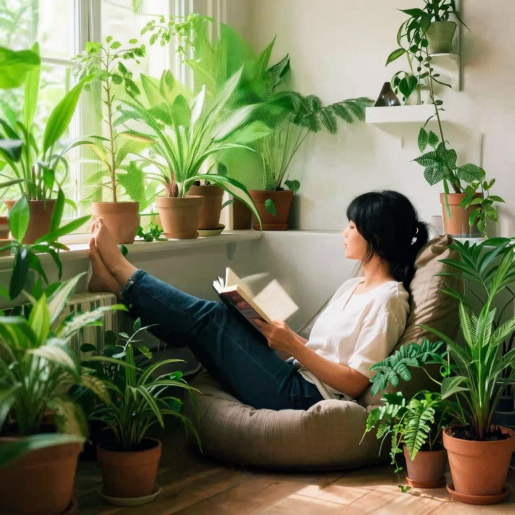 11_Qubico_z-image Woman reading a book in a sunlit cozy nook surrounded by potted indoor houseplants in terracotta pots | Sky Rye Design Woman reading a book in a sunlit cozy nook surrounded by potted indoor houseplants in terracotta pots