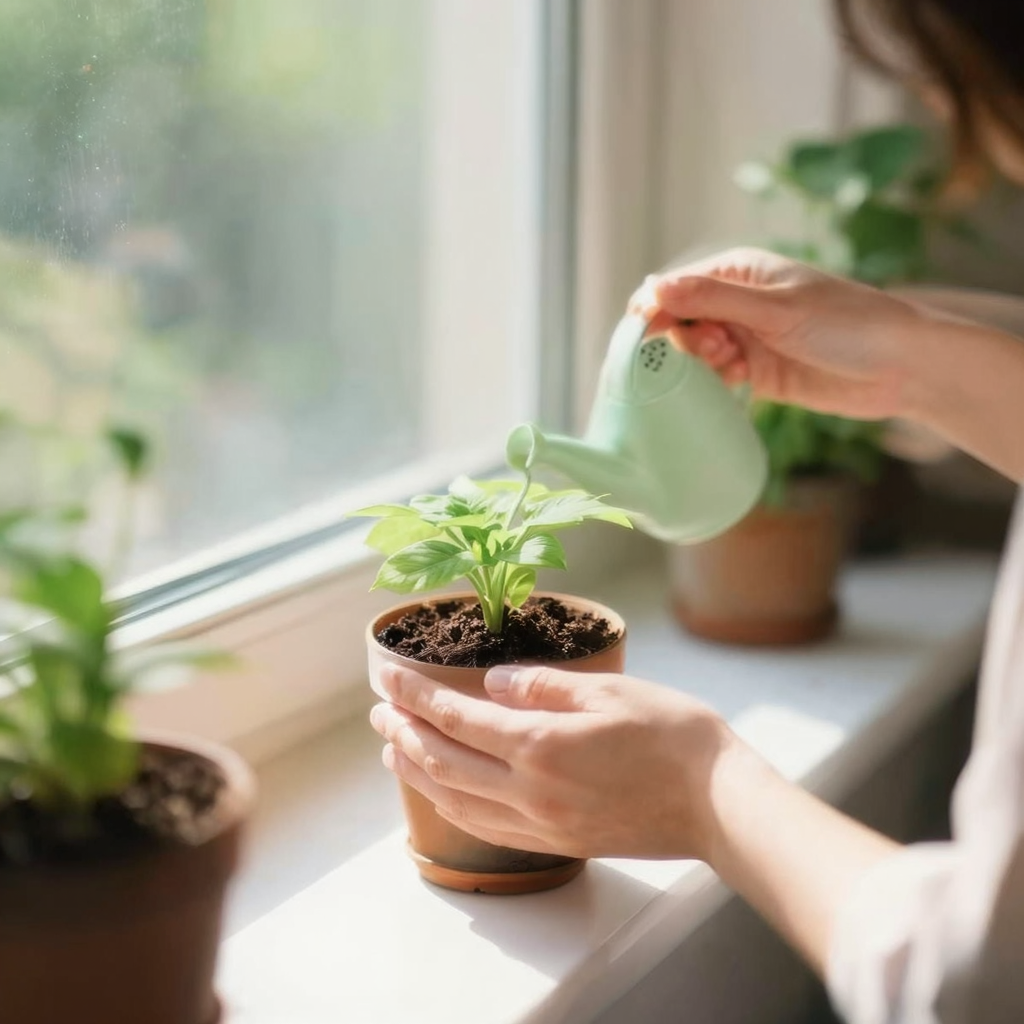 3_Qubico_z-image Indoor plant care: person watering small potted houseplant on sunny windowsill with a green watering can | Sky Rye Design Indoor plant care: person watering small potted houseplant on sunny windowsill with a green watering can