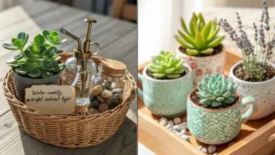 Indoor potted succulents in patterned mugs and a wicker gift basket with watering mister and decorative pebbles