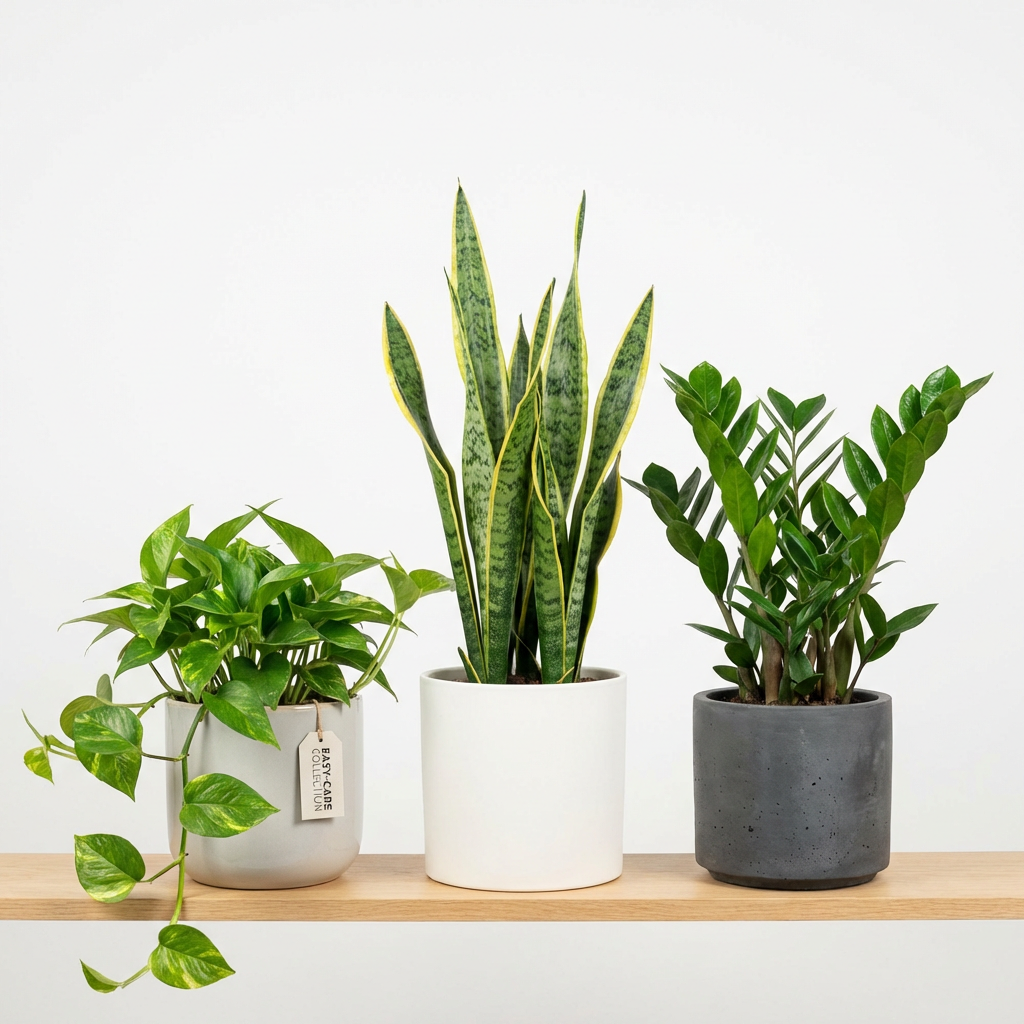 5_gemini Three potted indoor plants on a wooden shelf: pothos, snake plant (Sansevieria), and ZZ plant in modern ceramic pots. | Sky Rye Design Three potted indoor plants on a wooden shelf: pothos, snake plant (Sansevieria), and ZZ plant in modern ceramic pots.